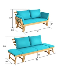 Gymax Adjustable Patio Sofa Daybed Acacia Wood Furniture w/ Cushions