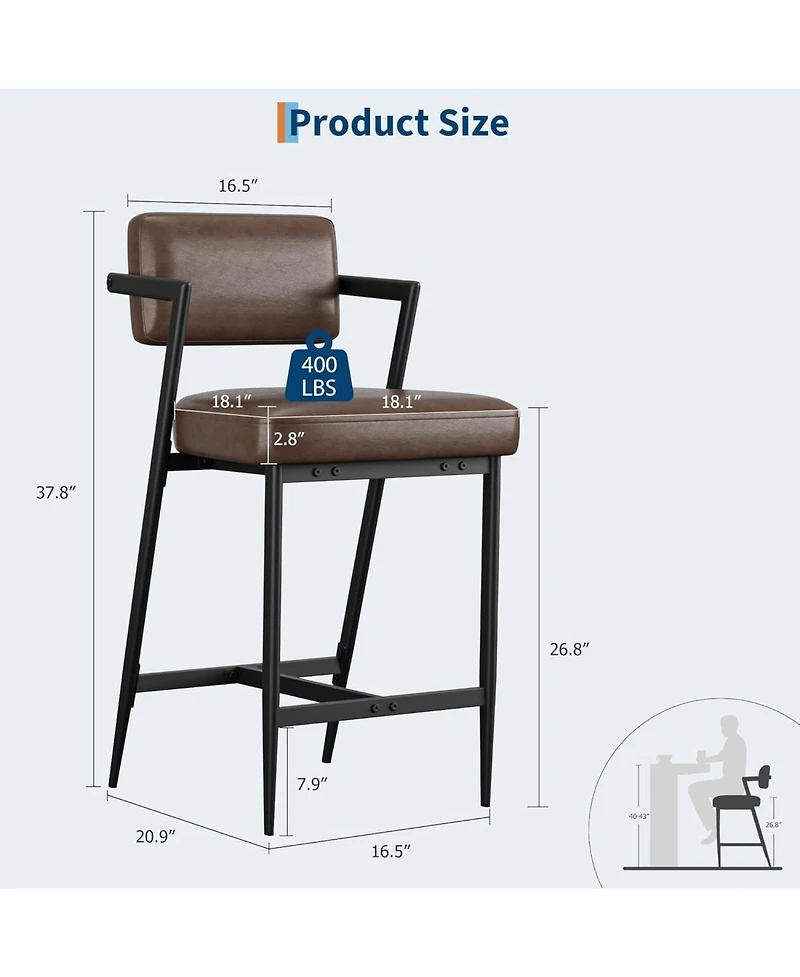 gaomon Bar Stools Set of 2 w/Backrest,27" Counter Height Stool with Armrest and Footrest,Tall Chairs Thick Cushion Thickened Metal