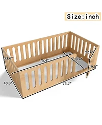 Rainsken Twin Size Solid Wood Kids Floor Bed Frame, High Safety Fence with Door, Low-Profile Montessori Bed for Boys and Girls, No Box Spring Needed