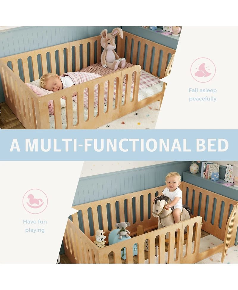 Rainsken Twin Size Solid Wood Kids Floor Bed Frame, High Safety Fence with Door, Low-Profile Montessori Bed for Boys and Girls, No Box Spring Needed