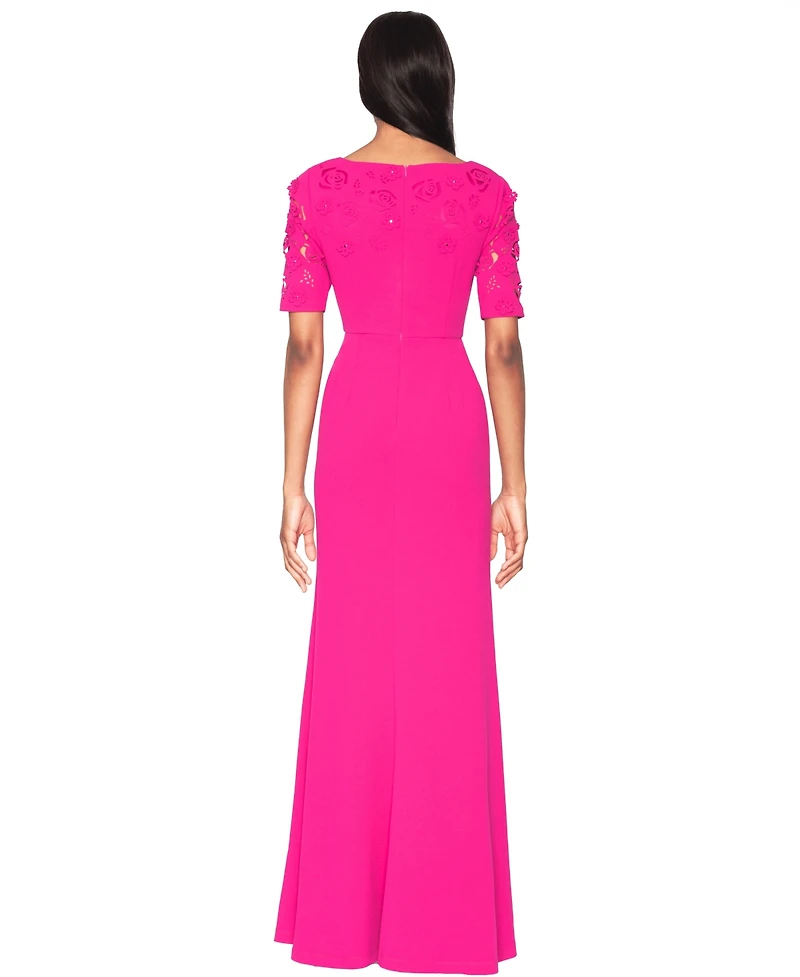 White Tie by Shani Short-Sleeve V-Neck Laser Cut Gown