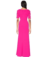 White Tie by Shani Short-Sleeve V-Neck Laser Cut Gown
