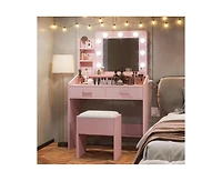 gaomon Vanity Desk with Mirror and Lights, Makeup Vanity with Power Outlet & Cushioned Stool, 3 Lighting Modes Adjustable Brightness, Dressing Table w