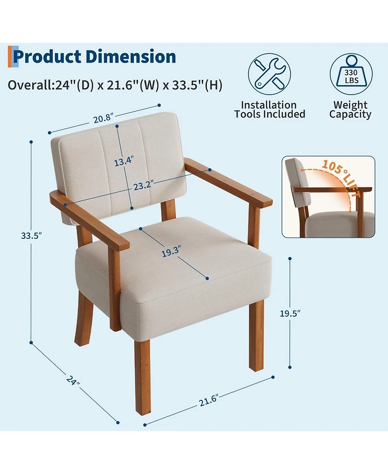 gaomon Set of 2 Mid Century Modern Accent Chairs, Linen Fabric Armchairs with Vertical Tufted Back, Upholstered Reading Lounge Chair