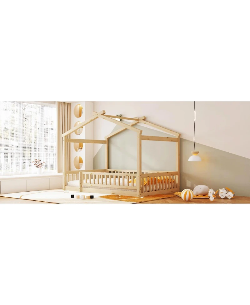 flynama Full Size Wood House Bed Fence