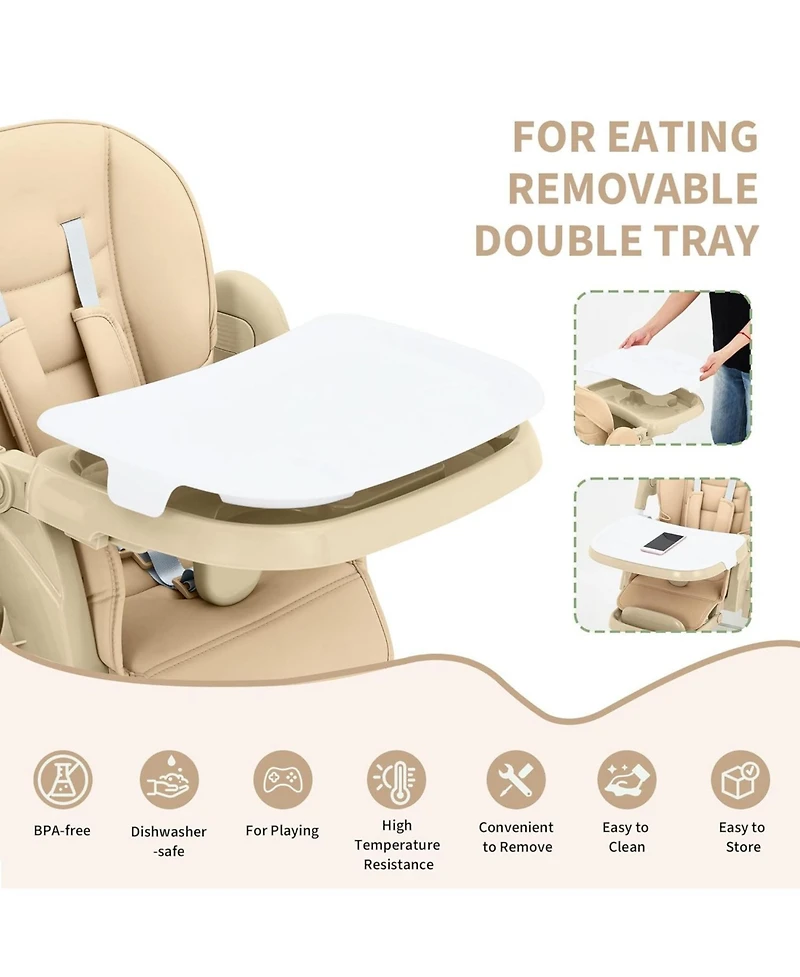 gaomon Foldable High Chair for Babies and Toddlers,Pu Leather Highchair with Adjustable Backrest,Footrest,Seat Height,Removable Tray