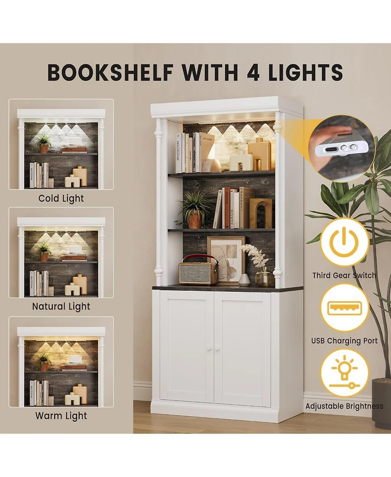gaomon 5 Tier Tall Adjustable Bookcase, Roman Column Bookshelf with Led Light, Open Shelves & Dual-Door Storage Cabinet Design