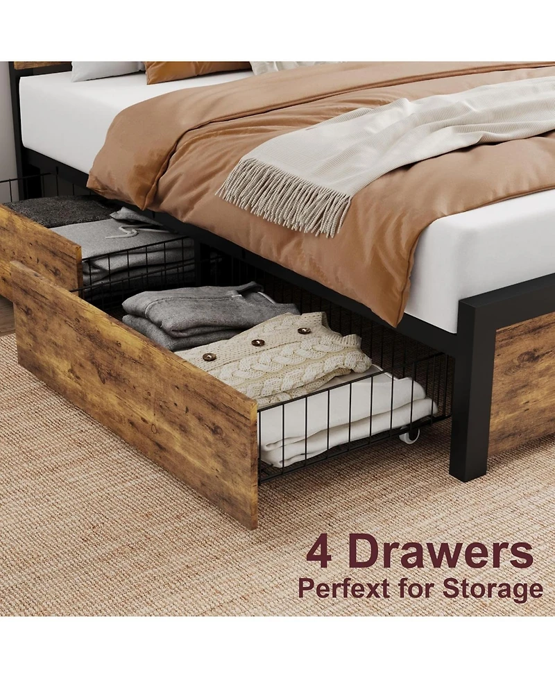 gaomon Full Bed Frame with 4 Storage Drawers, Heavy Duty Metal Platform & Wood Headboard, No Box Spring