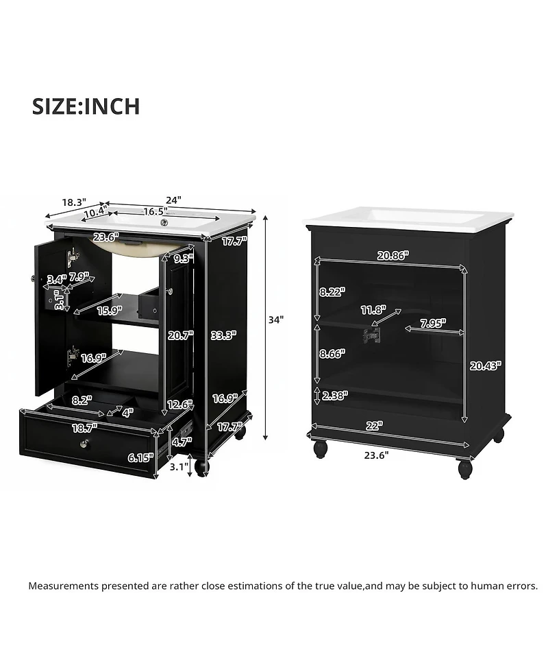 Sillysis 24 Inch Bathroom Vanity with Ceramic Sink, Soft-Close Doors, Adjustable Shelf and Drawer Organizer for Small Spaces