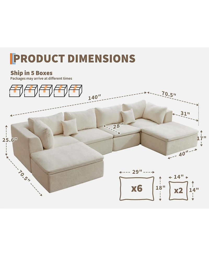 gaomon 140" U-Shaped Modular Sectional Sofa, 6-Seater Oversized Chenille Couch with Double Chaise