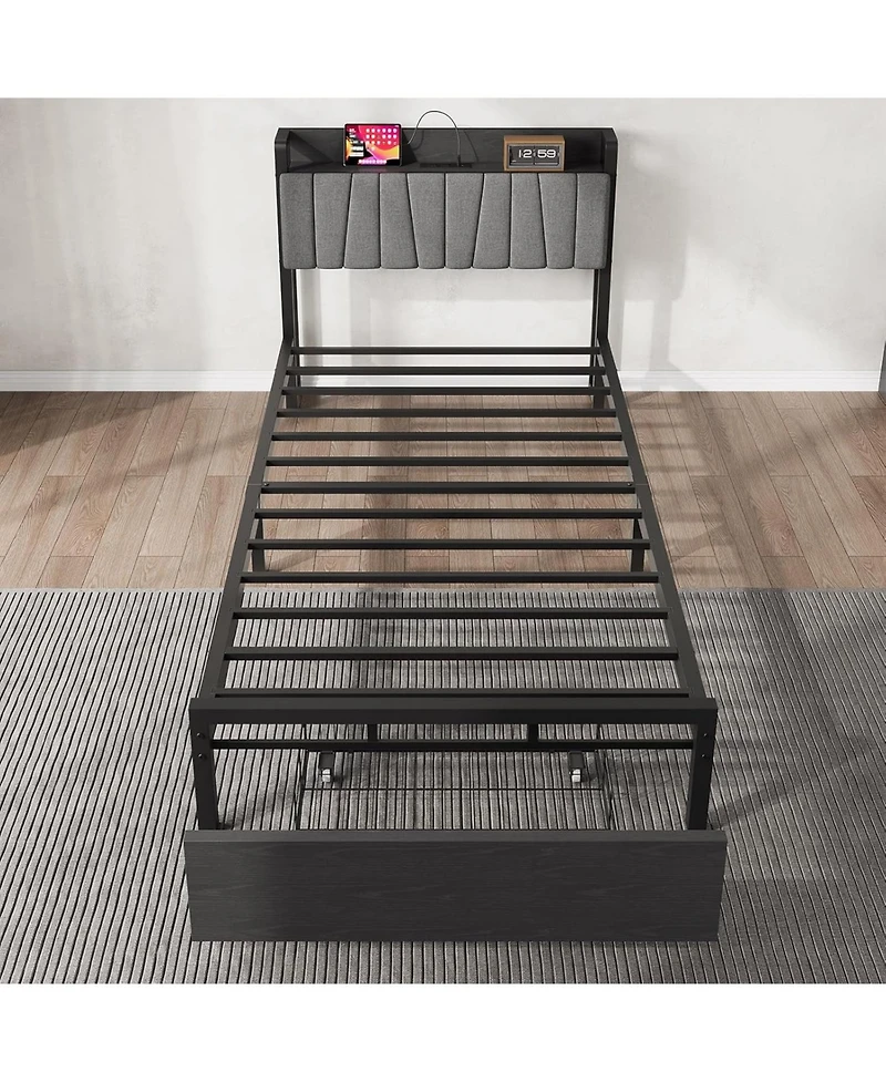 gaomon Bed Frame with Storage Drawer, Industrial Bed with Upholstered Headboard and Charging Station, No Box Spring Needed