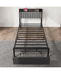 gaomon Bed Frame with Storage Drawer, Industrial Bed with Upholstered Headboard and Charging Station, No Box Spring Needed