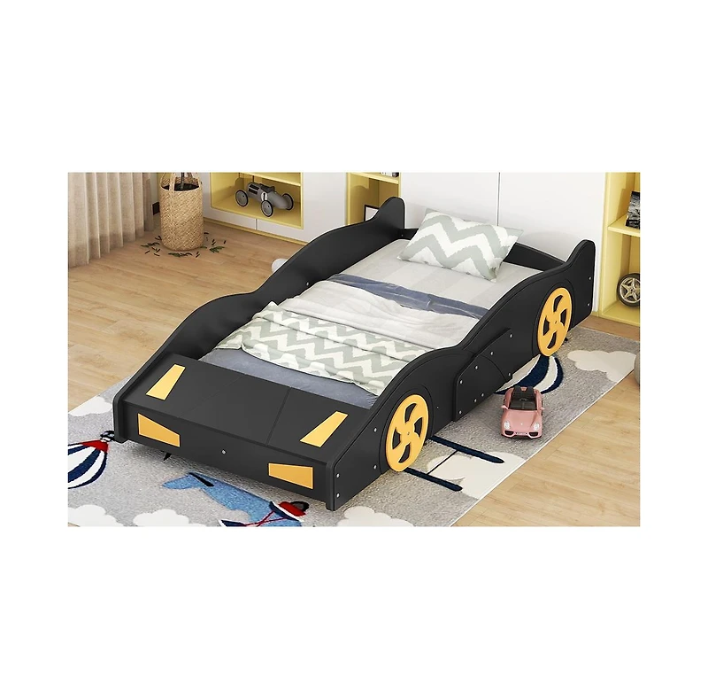 flynama Twin Size Race Car Bed With Wheels Storage Pine Wood Mdf No Box Spring