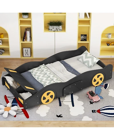 flynama Twin Size Race Car Bed With Wheels Storage Pine Wood Mdf No Box Spring