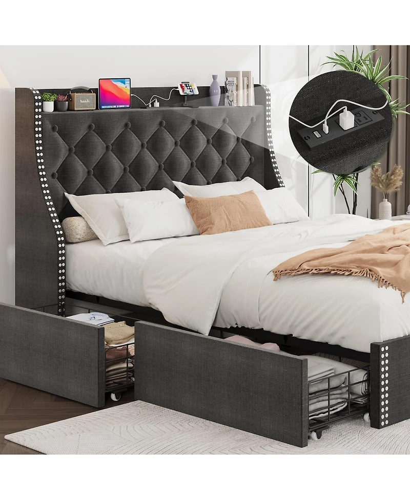 gaomon Bed Frame with Wingback Headboard & 4 Drawers, Upholstered, Charging Station, Button Tufted, No Box Spring