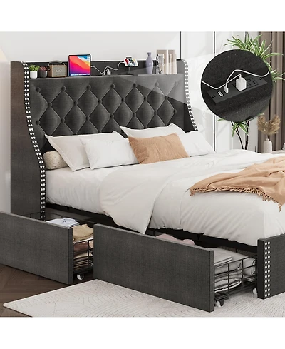 gaomon Bed Frame with Wingback Headboard & 4 Drawers, Upholstered, Charging Station, Button Tufted, No Box Spring