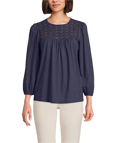 Lands' End Women's 3/4 Sleeve Eyelet Mix Flowy Top