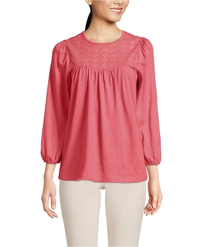 Lands' End Women's 3/4 Sleeve Eyelet Mix Flowy Top