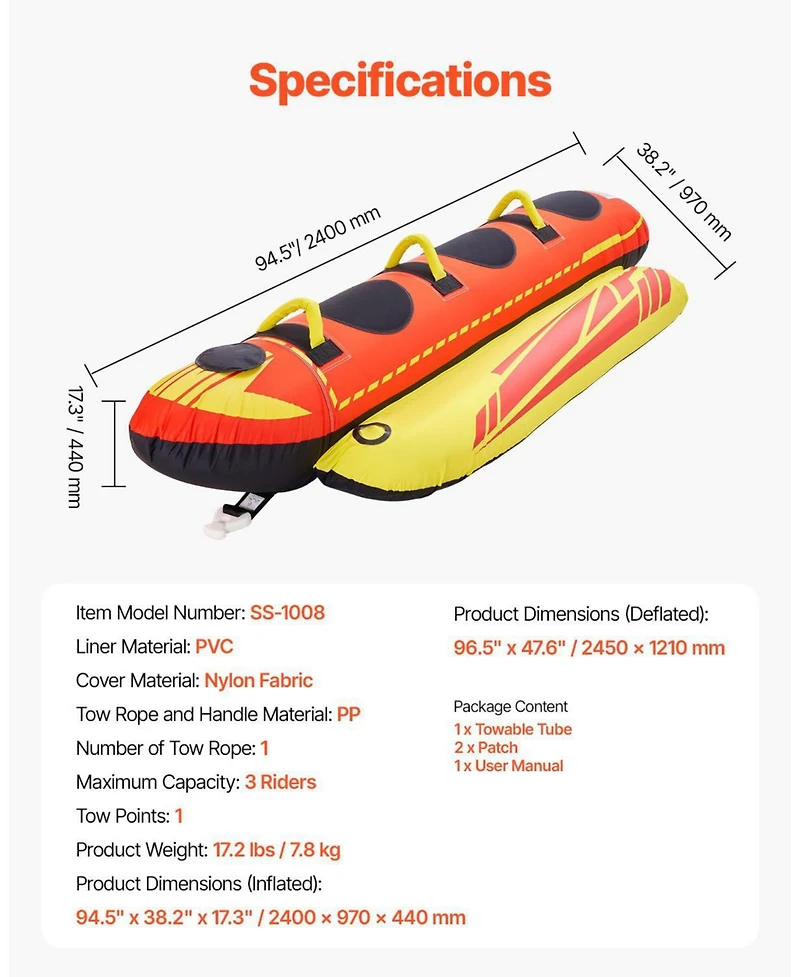 Mecale 1-3 Rider Towable Boat Tube with Nylon Cover and Safety Valve