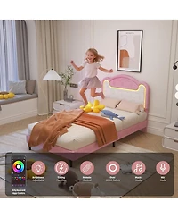 gaomon Upholstered Bed Frame with Led Lights, Fabric Headboard, Princess Platform Bed for Girls, Wood Slats, No Box Spring Needed