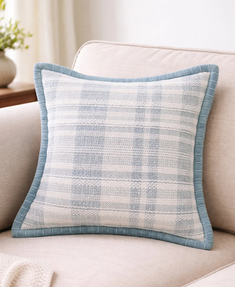 Vibhsa Soft Plaid Blue Textured Velvet Flange Decorative Pillow, 20" x