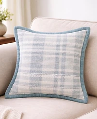 Vibhsa Soft Plaid Blue Textured Velvet Flange Decorative Pillow, 20" x