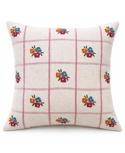 Vibhsa Daisy Checkerboard Handwoven Floral Check Decorative Pillow, 20" x 20"
