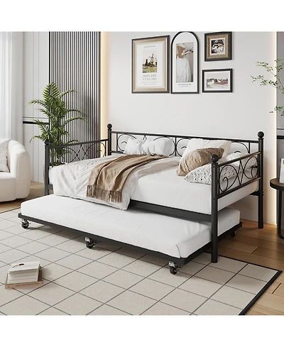 gaomon Twin Daybed with Trundle, Metal Trundle Bed, Sofa Bed Frame, Heavy Duty Slats, for Living Room, Bedroom, Guest Space Saving