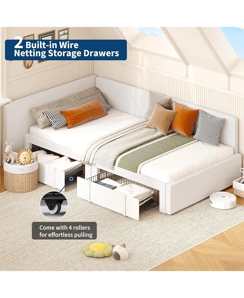 gaomon Twin daybed with 2 storage drawers, Corner Bed frame Extended headboard and Rails, Velvet Upholstered Sofa