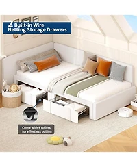 gaomon Twin daybed with 2 storage drawers, Corner Bed frame Extended headboard and Rails, Velvet Upholstered Sofa