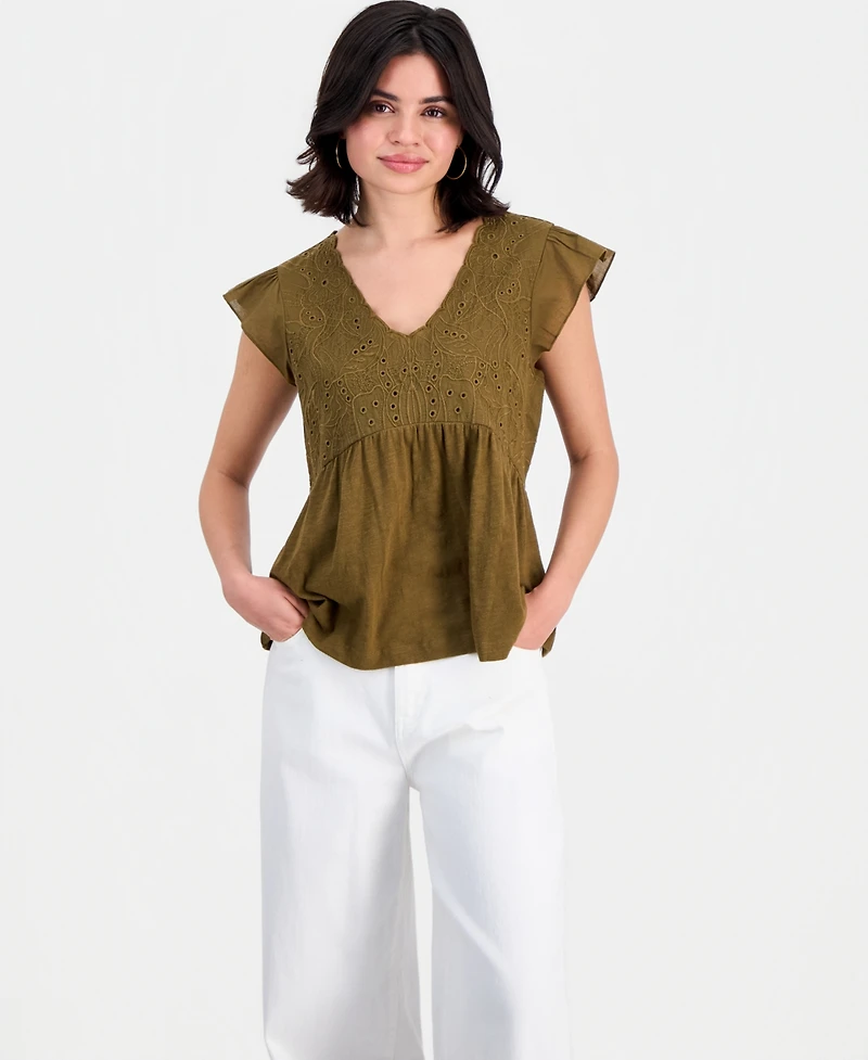 Democracy Petite Embroidered Cotton Flutter-Sleeve Top