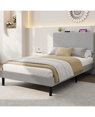 gaomon Twin Size Corduroy Mdf Bedhead Storage Bed, Upholstered Frame, Spacious Storage, Comfortable Mattress, No Box Spring Needed