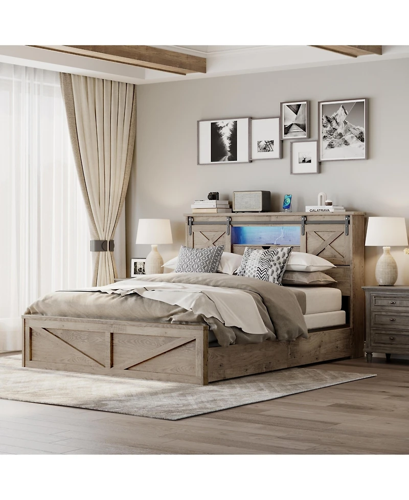 Flynama Farmhouse Bed Frame With Led Lights Charging Station 2 Storage Drawers