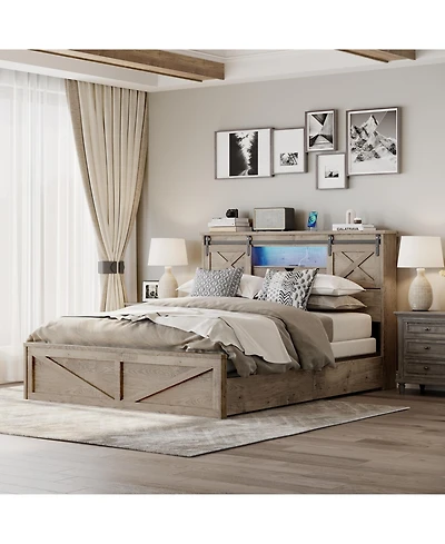 Flynama Farmhouse Bed Frame With Led Lights Charging Station 2 Storage Drawers
