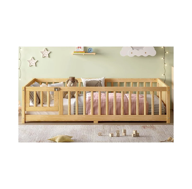 flynama Kids Floor Bed with Safety Guardrails Removable Slats and Door Wood Construction