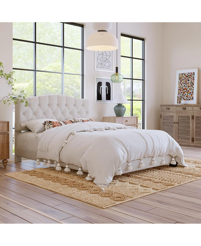 flynama Upholstered Platform Bed Saddle Curved Adjustable Headboard Diamond Tufted Beige No Box Spring