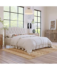 flynama Upholstered Platform Bed Saddle Curved Adjustable Headboard Diamond Tufted Beige No Box Spring