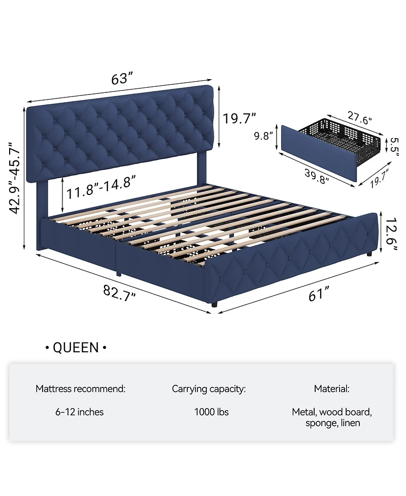 gaomon Queen Bed Frame with Adjustable Headboard & 4 Xl Drawers, Linen Upholstered, Wood Slats, 1000lb Capacity, No Box Spring