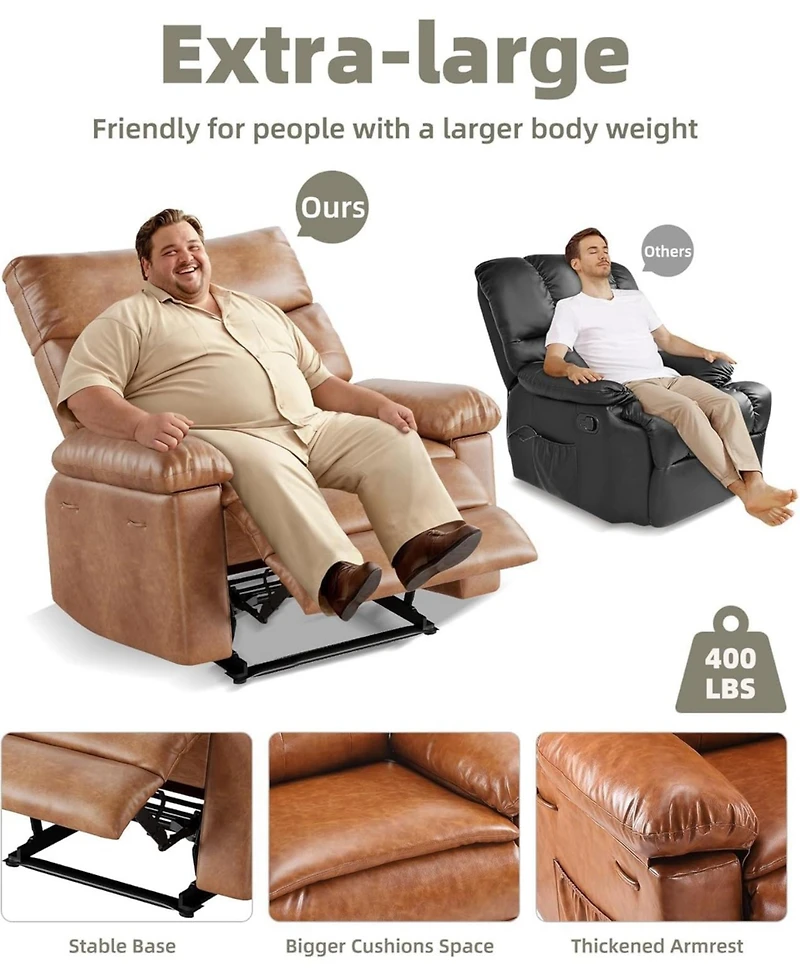 gaomon Oversized Wide Recliner Chair - Heat and Massage, Pu Leather Extra Wide Manual Recliner for Adults, Large Lazy Chair
