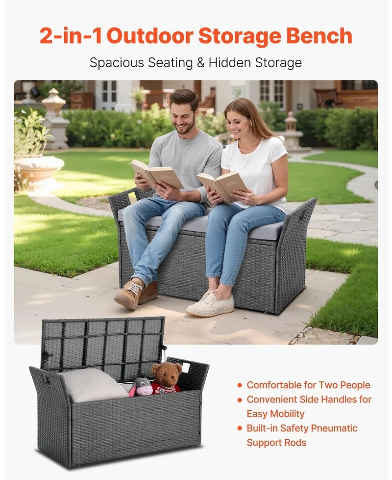 Gouun Pe Rattan Outdoor Storage Bench for Two with Cushion