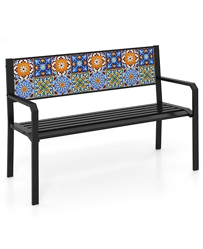 Gymax Patio Metal Bench Classic Slatted Loveseat for 2-3 People w/ Curved Seat