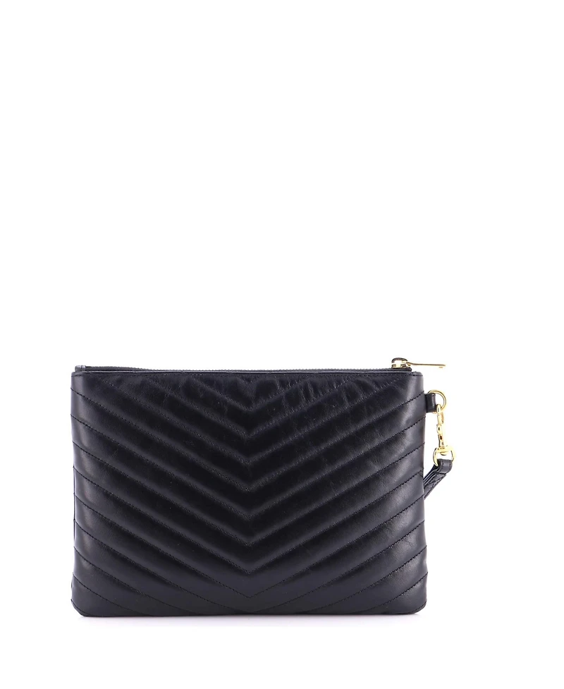 Pre-Owned Saint Laurent Small Classic Monogram Wristlet Pouch Matelasse Chevron Leather