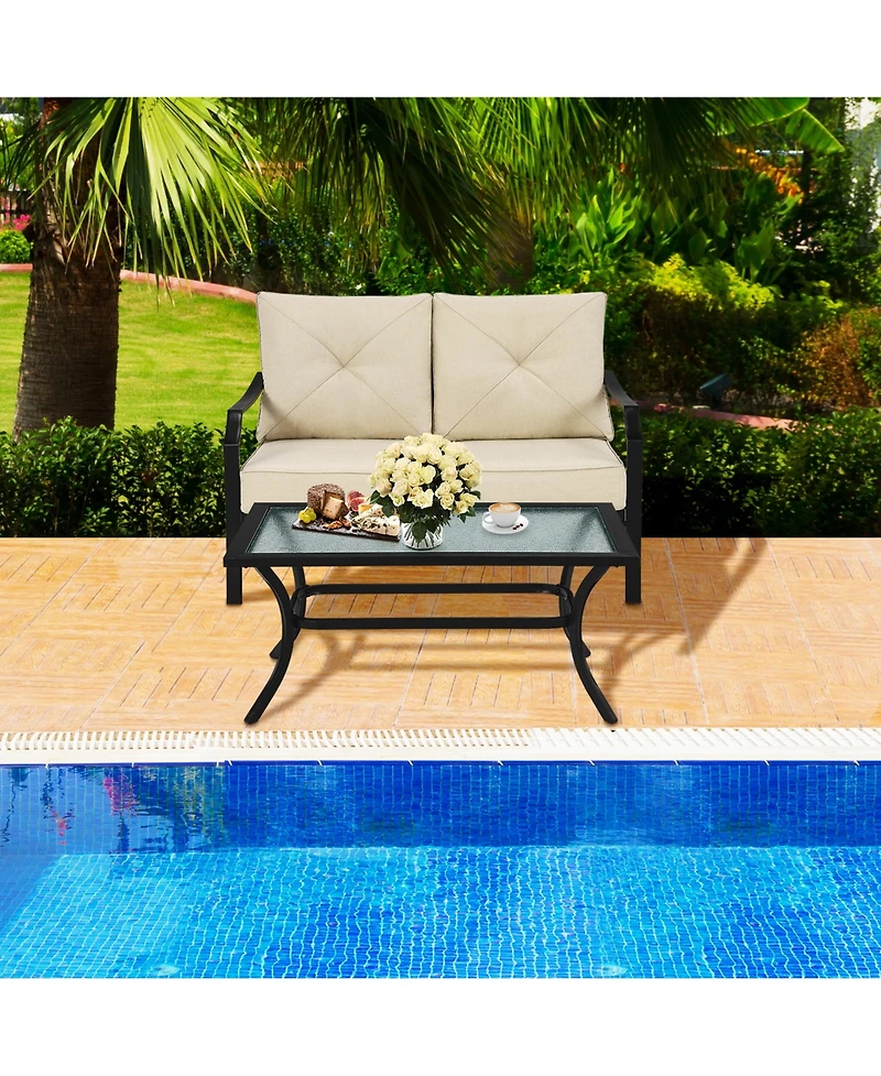 Gymax 2PCS Outdoor Loveseat Set Cushioned Patio Bench Sofa w/ Coffee Table