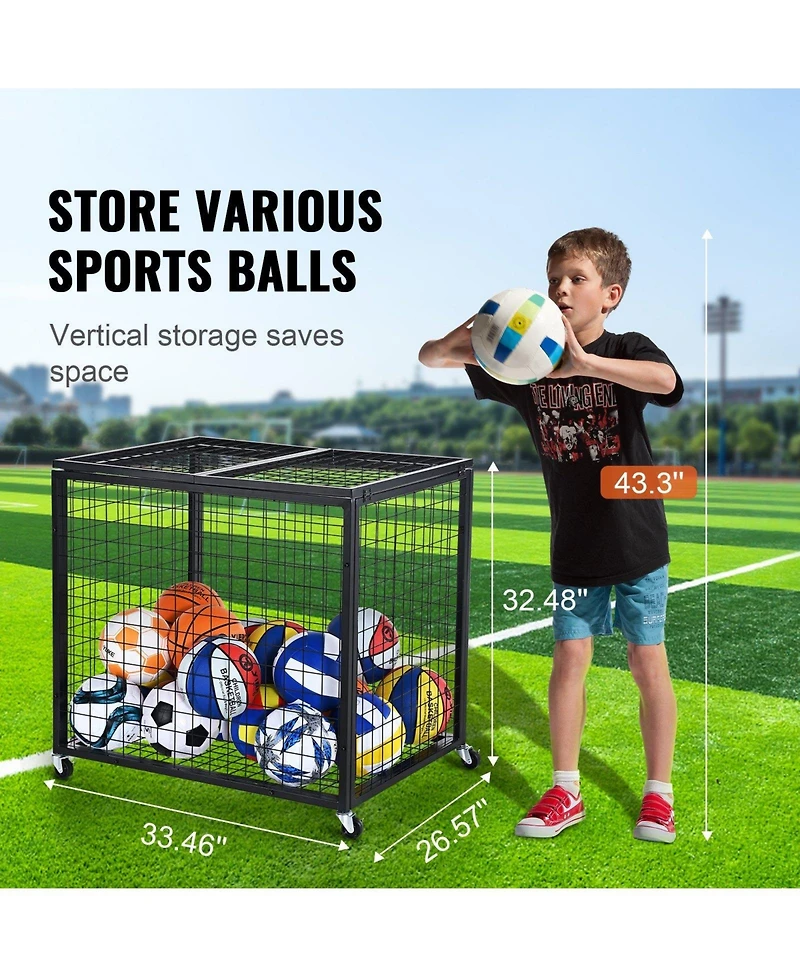 Mecale Rolling Sports Ball Storage Cart with Double Lid, Steel Equipment Organizer for Garage and Gym