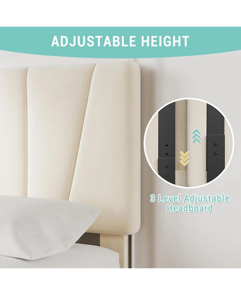gaomon Twin Linen Upholstered Bed Frame with 2 Storage Drawers & Adjustable Headboard, Wood Slats, No Box Spring Needed