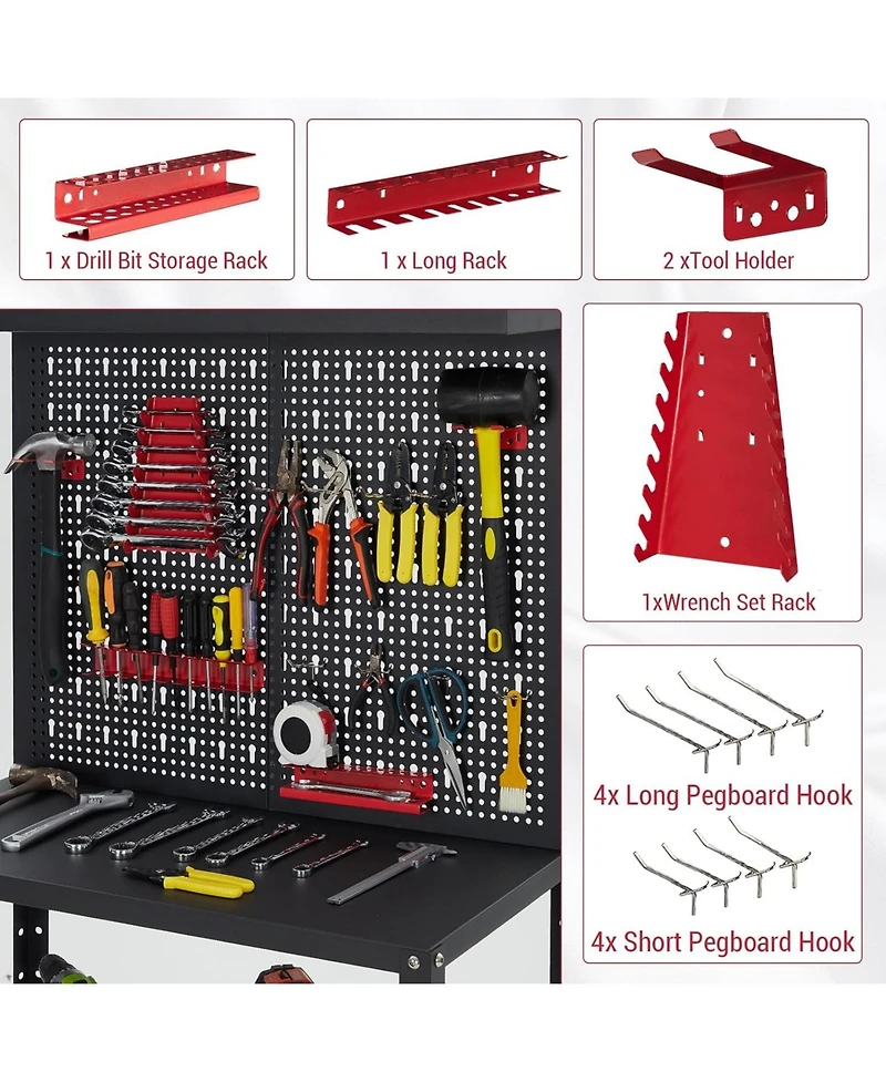 gaomon Heavy Duty Garage Workbench with Pegboard,32" Adjustable Garage Workbench with Tool Organizer,Industrial Metal Work Table with Shelves