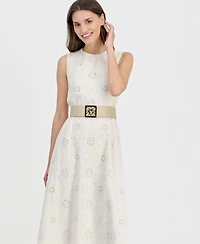 Anne Klein Women's Round-Neck Embroidered Belted Cotton Dress