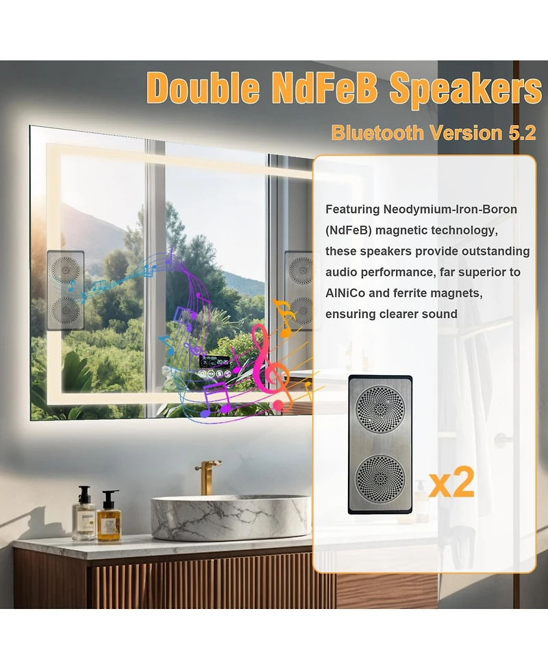 Luvodi Led Bathroom Mirror Wall-Mounted with Bluetooth Speaker, Vanity Mirror Anti Fog with Memory Function
