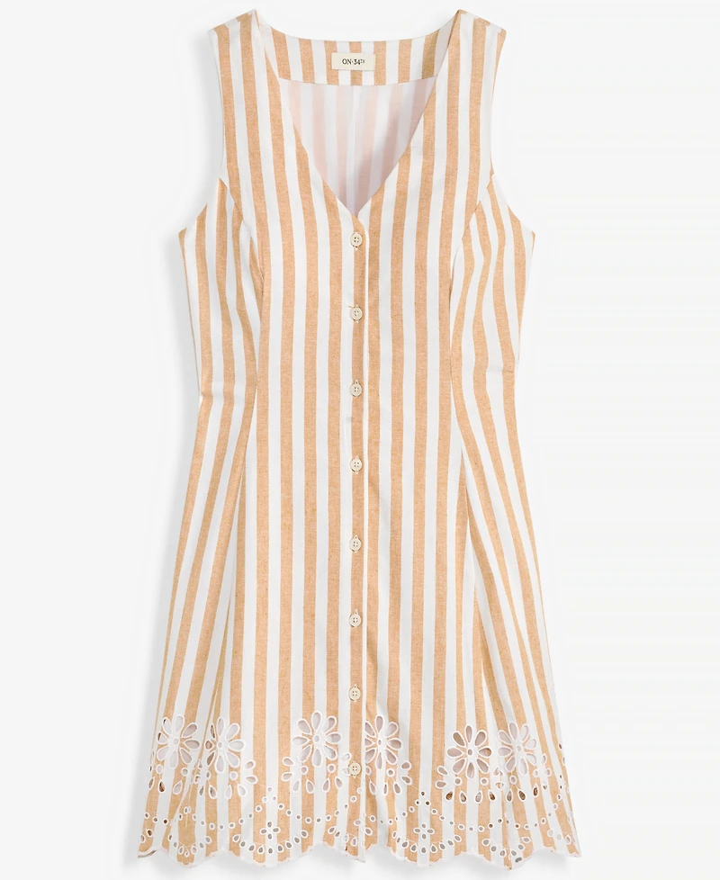 On 34th Women's Striped Linen Blend Embroidered Button-Front Mini Dress, Macy's Exclusive