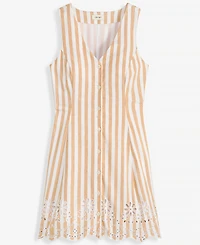 On 34th Women's Striped Linen Blend Embroidered Button-Front Mini Dress, Macy's Exclusive